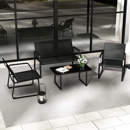 4 Pieces Patio Conversation Set with Breathable Fabric Seat and Tempered Glass Tabletop-Black - Black - Patio
