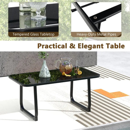4 Pieces Patio Conversation Set with Breathable Fabric Seat and Tempered Glass Tabletop-Black - Black - Patio