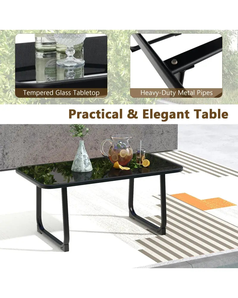 4 Pieces Patio Conversation Set with Breathable Fabric Seat and Tempered Glass Tabletop-Black - Black - Patio