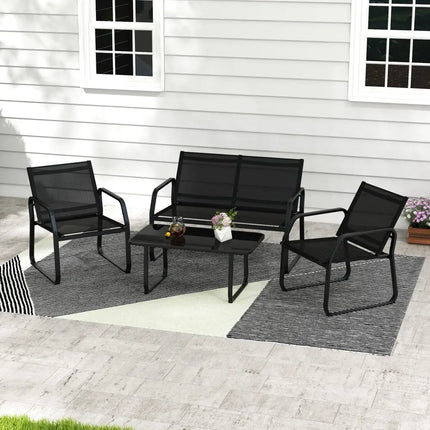 4 Pieces Patio Conversation Set with Breathable Fabric Seat and Tempered Glass Tabletop-Black - Black - Patio
