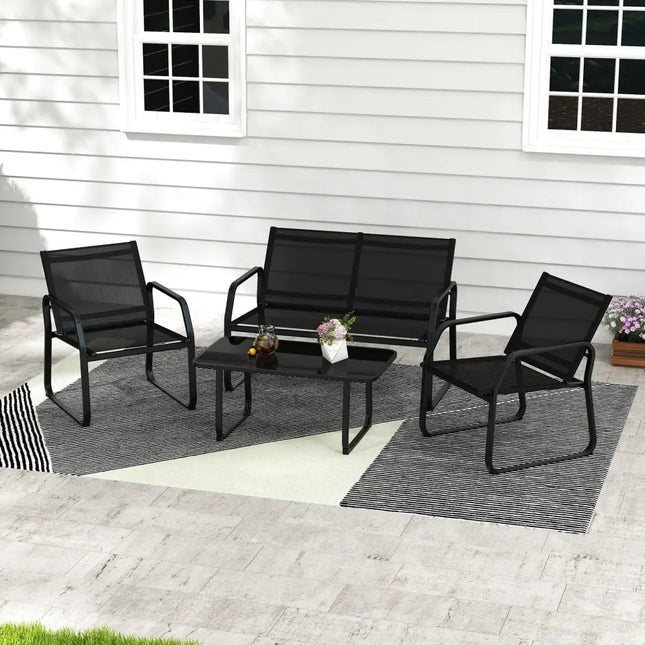 4 Pieces Patio Conversation Set with Breathable Fabric Seat and Tempered Glass Tabletop-Black - Black - Patio