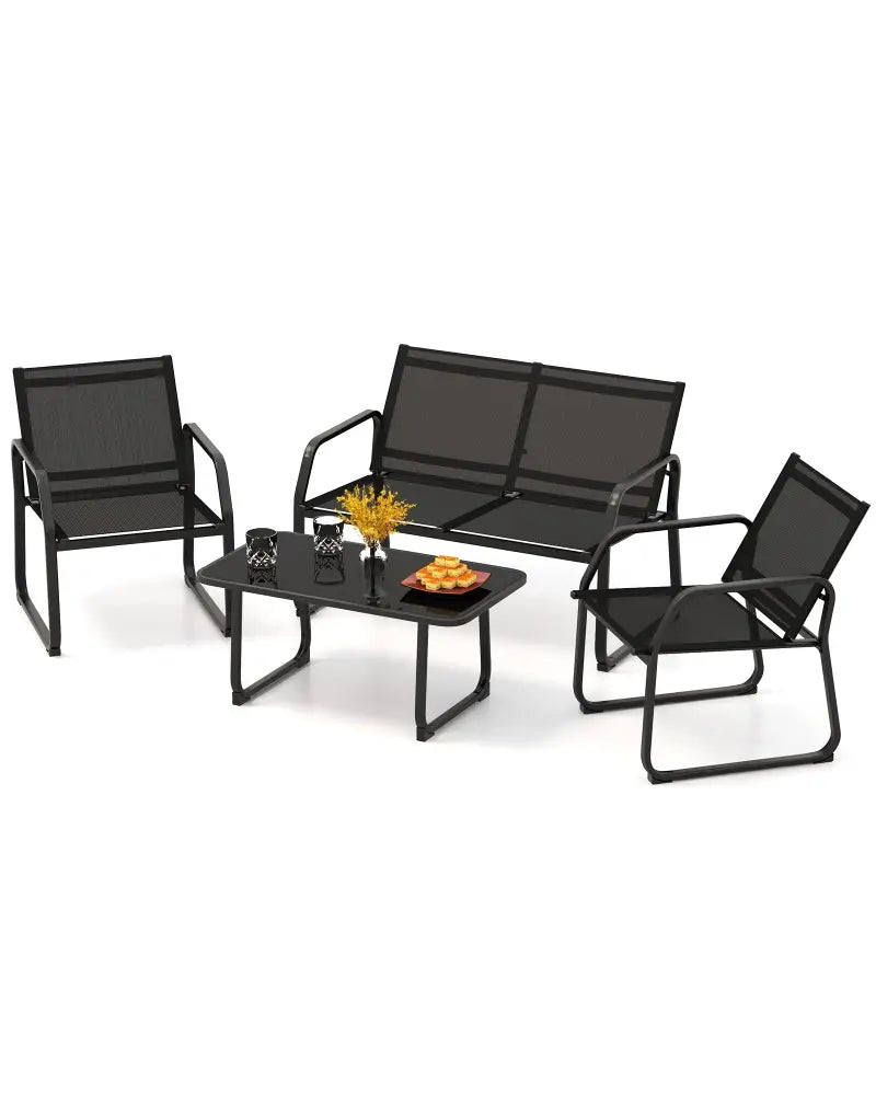 4 Pieces Patio Conversation Set with Breathable Fabric Seat and Tempered Glass Tabletop-Black - Black - Patio