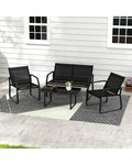 4 Pieces Patio Conversation Set with Breathable Fabric Seat and Tempered Glass Tabletop-Black - Black - Patio