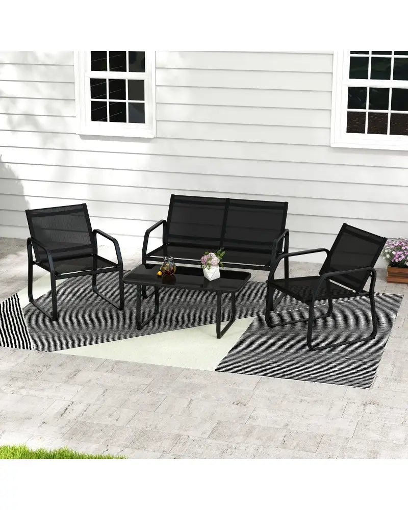 4 Pieces Patio Conversation Set with Breathable Fabric Seat and Tempered Glass Tabletop-Black - Black - Patio