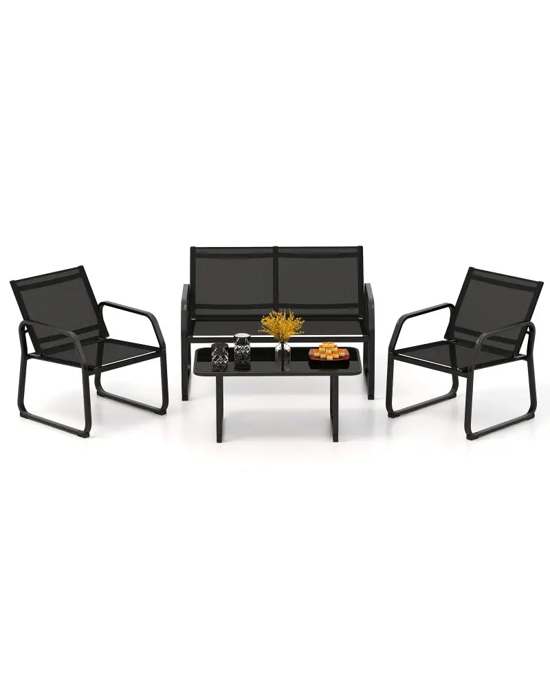 4 Pieces Patio Conversation Set with Breathable Fabric Seat and Tempered Glass Tabletop-Black - Black - Patio