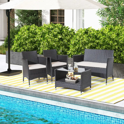 4 Pieces Patio Conversation Set with Soft Cushions and Tempered Glass Tabletop - Brown - Patio Furniture Sets