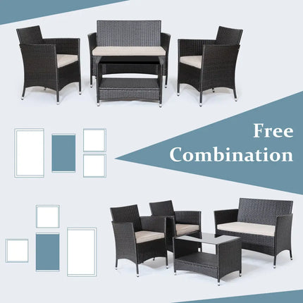 4 Pieces Patio Conversation Set with Soft Cushions and Tempered Glass Tabletop - Brown - Patio Furniture Sets
