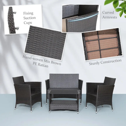 4 Pieces Patio Conversation Set with Soft Cushions and Tempered Glass Tabletop - Brown - Patio Furniture Sets