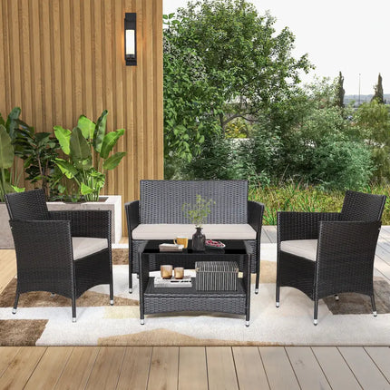 4 Pieces Patio Conversation Set with Soft Cushions and Tempered Glass Tabletop - Brown - Patio Furniture Sets