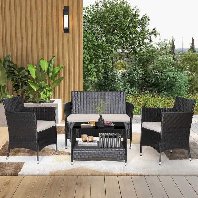 4 Pieces Patio Conversation Set with Soft Cushions and Tempered Glass Tabletop - Brown - Patio Furniture Sets