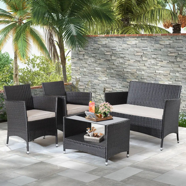 4 Pieces Patio Conversation Set with Soft Cushions and Tempered Glass Tabletop - Brown - Patio Furniture Sets