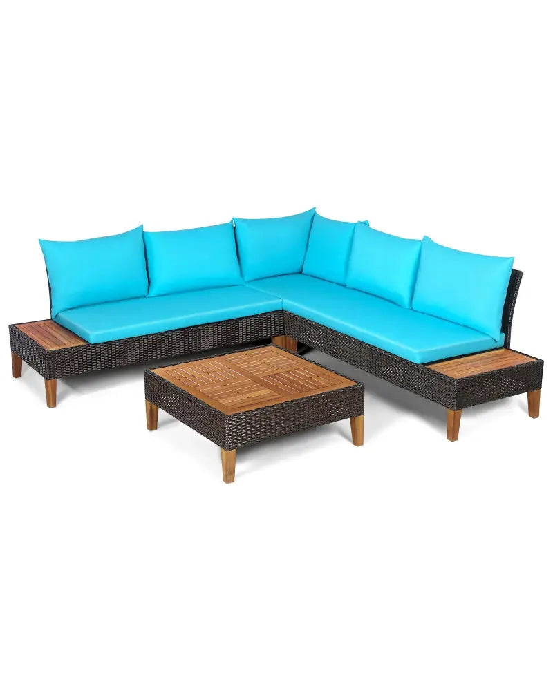 4 Pieces Patio Cushioned Rattan Furniture Set with Wooden Side Table-Turquoise - Turquoise - Outdoor Sectionals