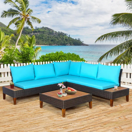 4 Pieces Patio Cushioned Rattan Furniture Set with Wooden Side Table-Turquoise - Turquoise - Outdoor Sectionals