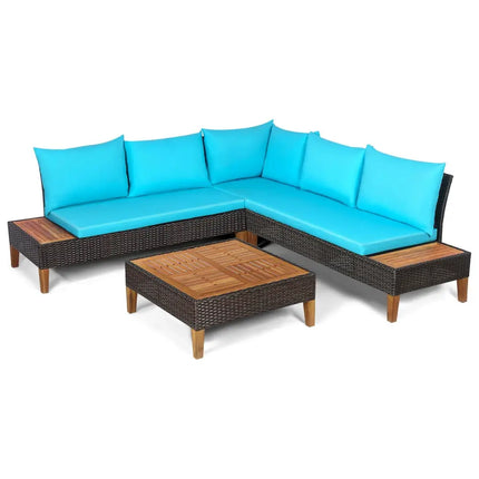 4 Pieces Patio Cushioned Rattan Furniture Set with Wooden Side Table-Turquoise - Turquoise - Outdoor Sectionals