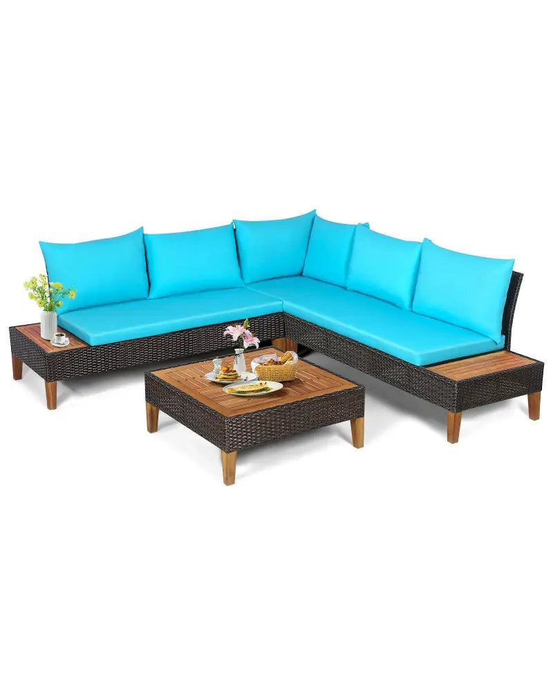 4 Pieces Patio Cushioned Rattan Furniture Set with Wooden Side Table-Turquoise - Turquoise - Outdoor Sectionals