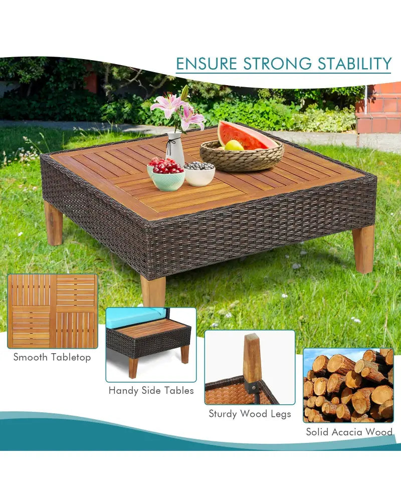 4 Pieces Patio Cushioned Rattan Furniture Set with Wooden Side Table-Turquoise - Turquoise - Outdoor Sectionals