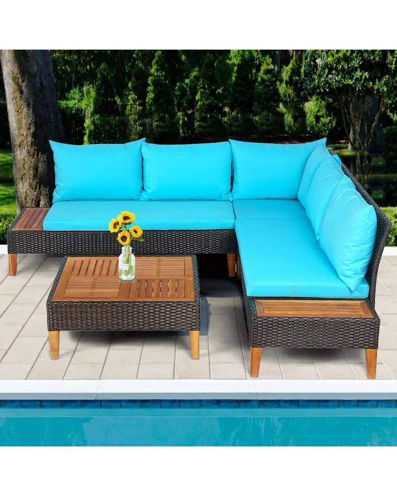 4 Pieces Patio Cushioned Rattan Furniture Set with Wooden Side Table-Turquoise - Turquoise - Outdoor Sectionals