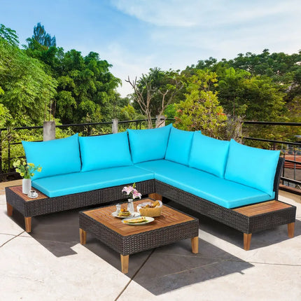 4 Pieces Patio Cushioned Rattan Furniture Set with Wooden Side Table-Turquoise - Turquoise - Outdoor Sectionals