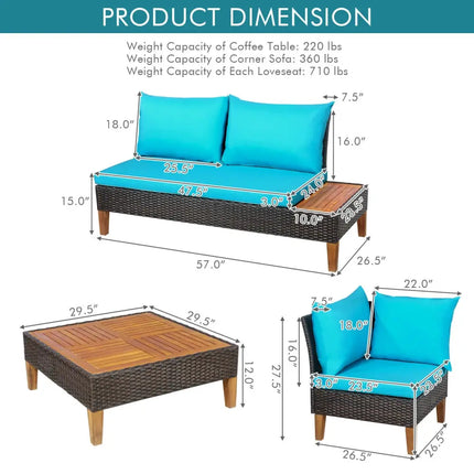 4 Pieces Patio Cushioned Rattan Furniture Set with Wooden Side Table-Turquoise - Turquoise - Outdoor Sectionals