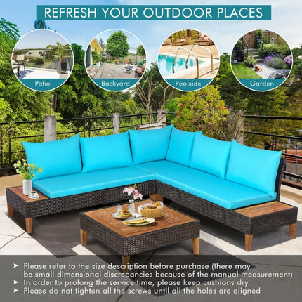 4 Pieces Patio Cushioned Rattan Furniture Set with Wooden Side Table-Turquoise - Turquoise - Outdoor Sectionals