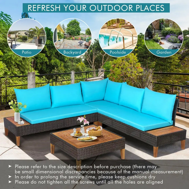 4 Pieces Patio Cushioned Rattan Furniture Set with Wooden Side Table-Turquoise - Turquoise - Outdoor Sectionals