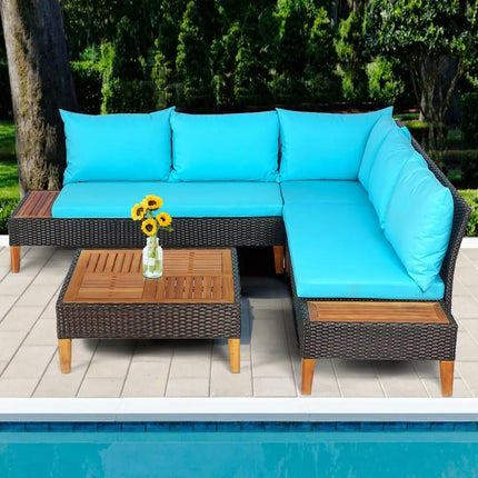 4 Pieces Patio Cushioned Rattan Furniture Set with Wooden Side Table-Turquoise - Turquoise - Outdoor Sectionals
