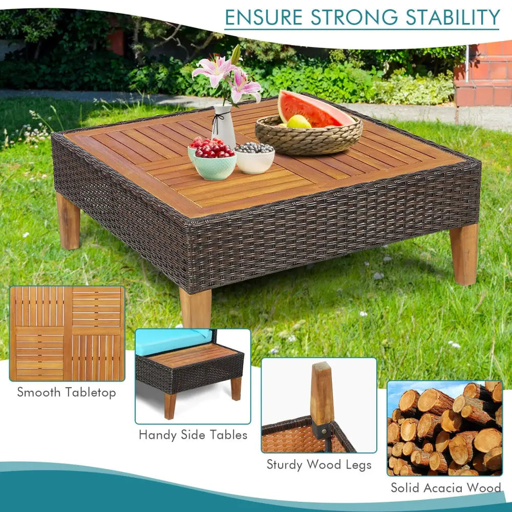 4 Pieces Patio Cushioned Rattan Furniture Set with Wooden Side Table-Turquoise - Turquoise - Outdoor Sectionals