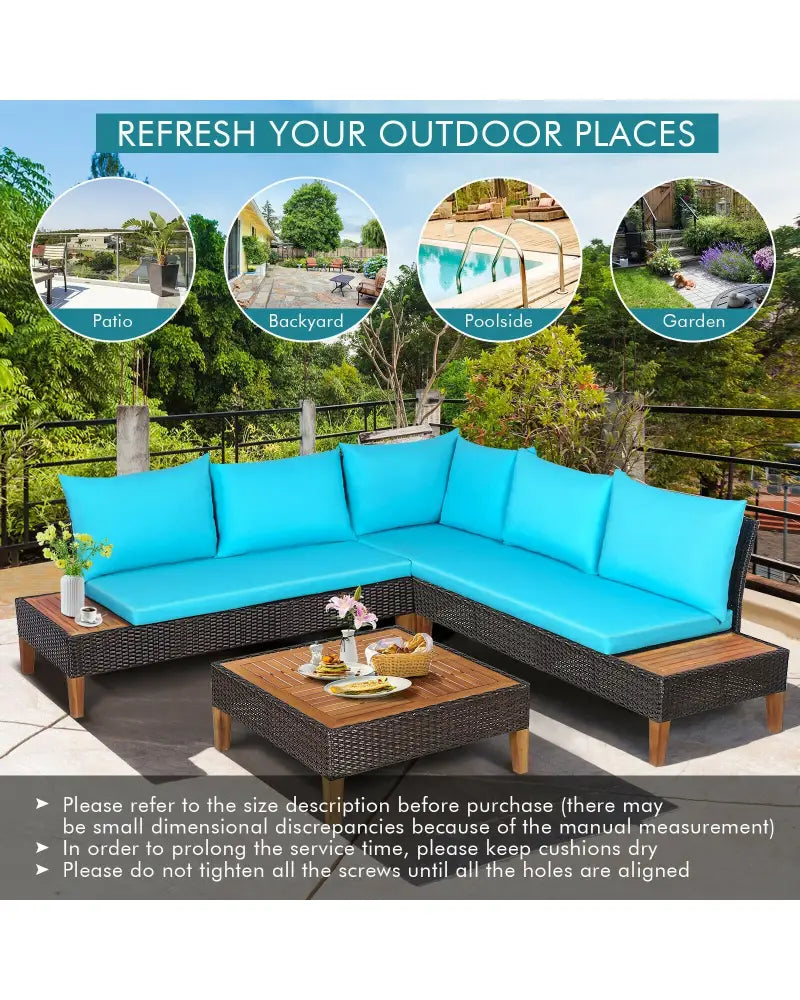 4 Pieces Patio Cushioned Rattan Furniture Set with Wooden Side Table-Turquoise - Turquoise - Outdoor Sectionals