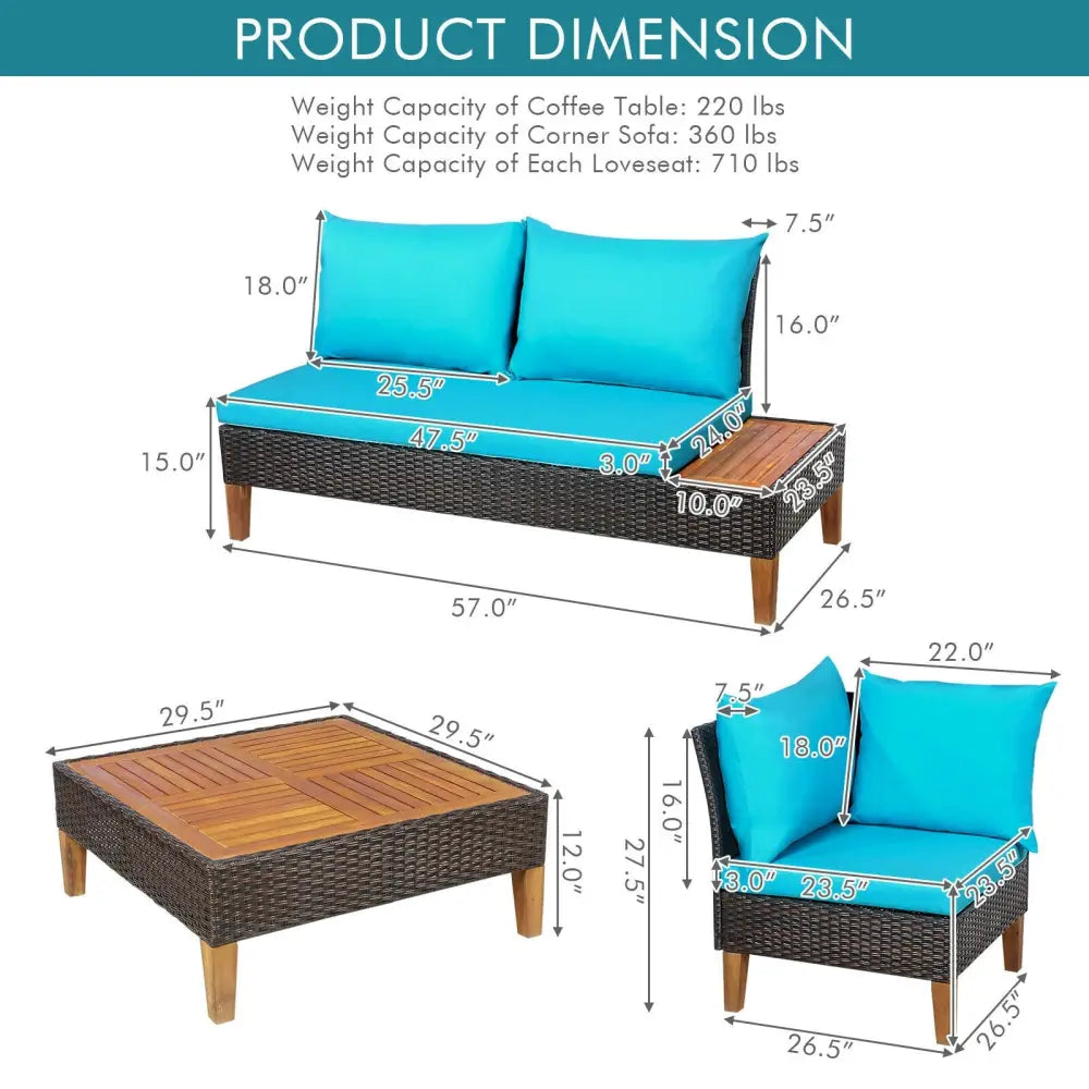 4 Pieces Patio Cushioned Rattan Furniture Set with Wooden Side Table-Turquoise - Turquoise - Outdoor Sectionals