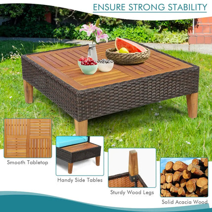 4 Pieces Patio Cushioned Rattan Furniture Set with Wooden Side Table-Turquoise - Turquoise - Outdoor Sectionals