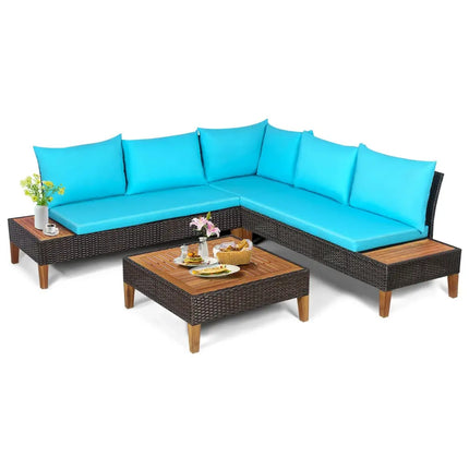4 Pieces Patio Cushioned Rattan Furniture Set with Wooden Side Table-Turquoise - Turquoise - Outdoor Sectionals