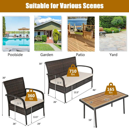4 Pieces Patio Cushioned Wicker Conversation Set with Acacia Wood Tabletop - Brown - Patio Conversation Sets