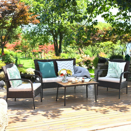 4 Pieces Patio Cushioned Wicker Conversation Set with Acacia Wood Tabletop - Brown - Patio Conversation Sets
