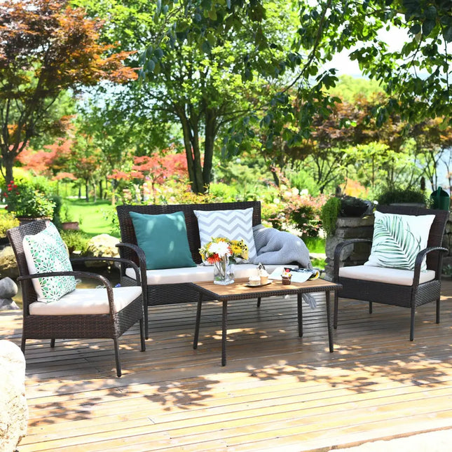 4 Pieces Patio Cushioned Wicker Conversation Set with Acacia Wood Tabletop - Brown - Patio Conversation Sets