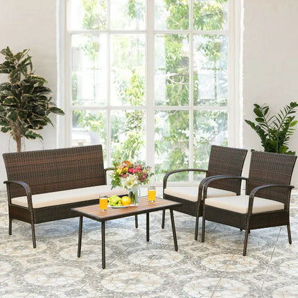4 Pieces Patio Cushioned Wicker Conversation Set with Acacia Wood Tabletop - Brown - Patio Conversation Sets