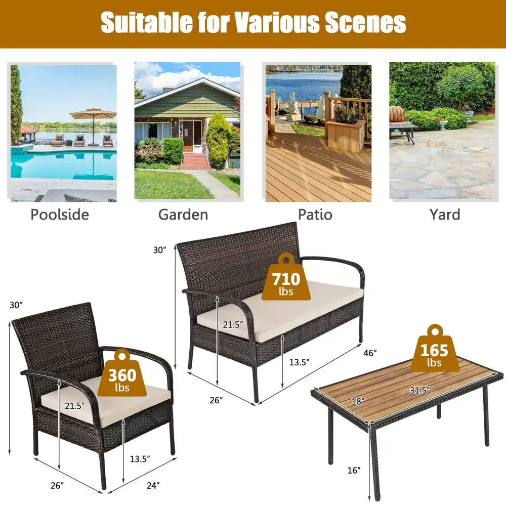 4 Pieces Patio Cushioned Wicker Conversation Set with Acacia Wood Tabletop - Brown - Patio Conversation Sets