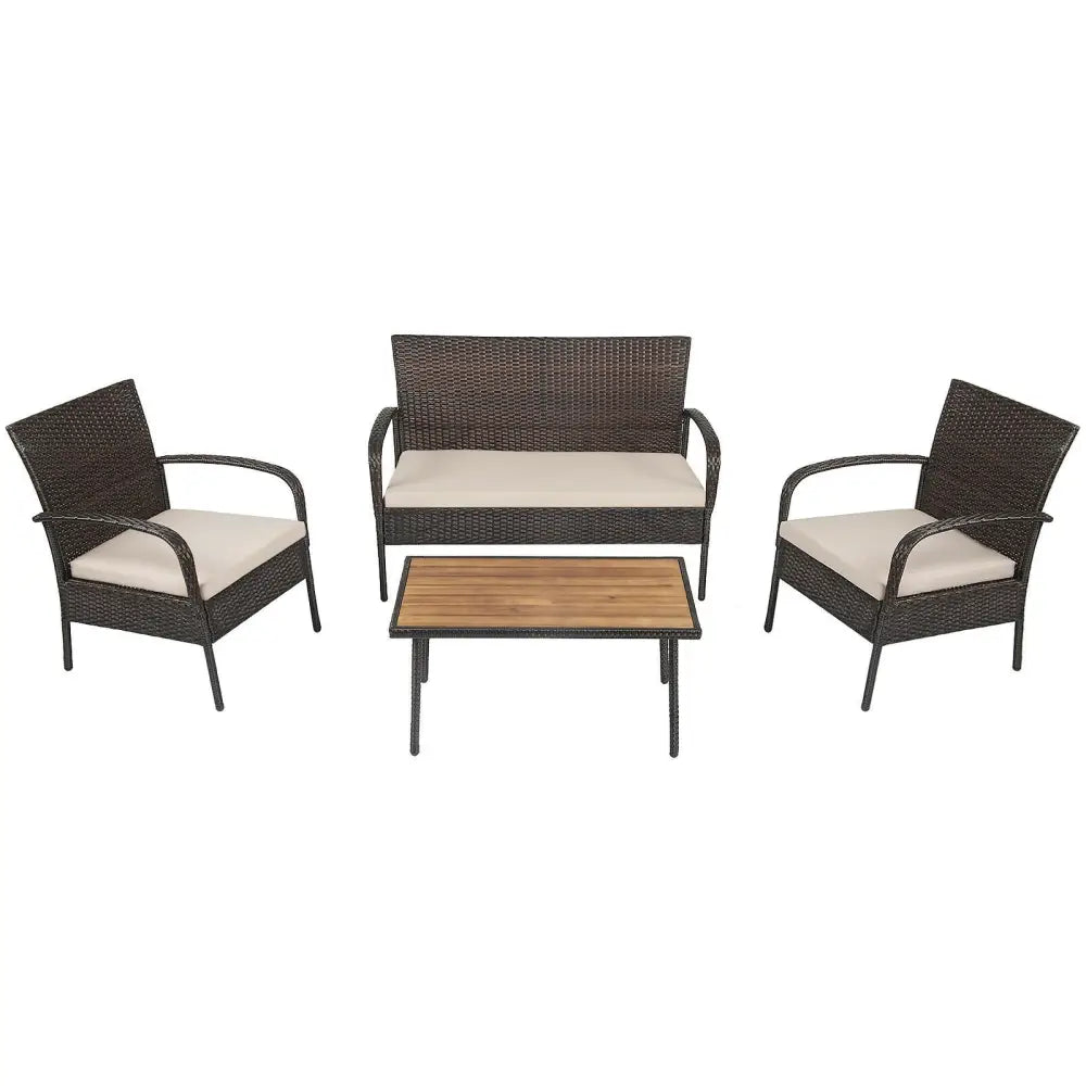 4 Pieces Patio Cushioned Wicker Conversation Set with Acacia Wood Tabletop - Brown - Patio Conversation Sets