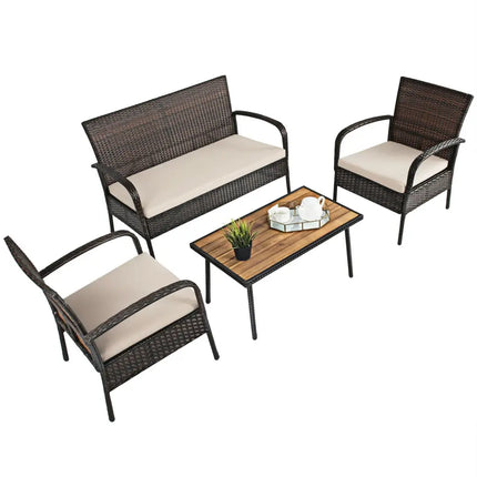 4 Pieces Patio Cushioned Wicker Conversation Set with Acacia Wood Tabletop - Brown - Patio Conversation Sets