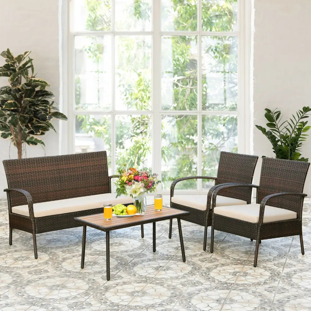 4 Pieces Patio Cushioned Wicker Conversation Set with Acacia Wood Tabletop - Brown - Patio Conversation Sets