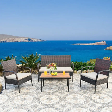 4 Pieces Patio Cushioned Wicker Conversation Set with Acacia Wood Tabletop - Brown - Patio Conversation Sets