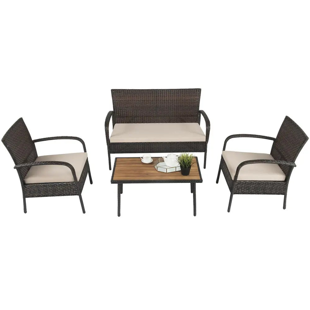 4 Pieces Patio Cushioned Wicker Conversation Set with Acacia Wood Tabletop - Brown - Patio Conversation Sets