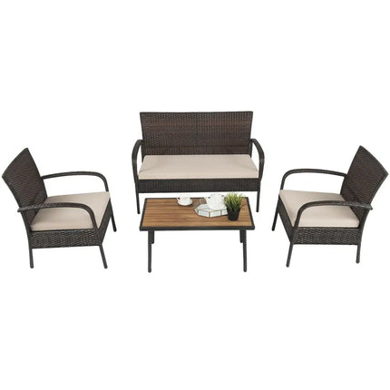 4 Pieces Patio Cushioned Wicker Conversation Set with Acacia Wood Tabletop - Brown - Patio Conversation Sets