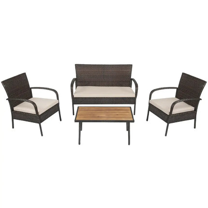 4 Pieces Patio Cushioned Wicker Conversation Set with Acacia Wood Tabletop - Brown - Patio Conversation Sets