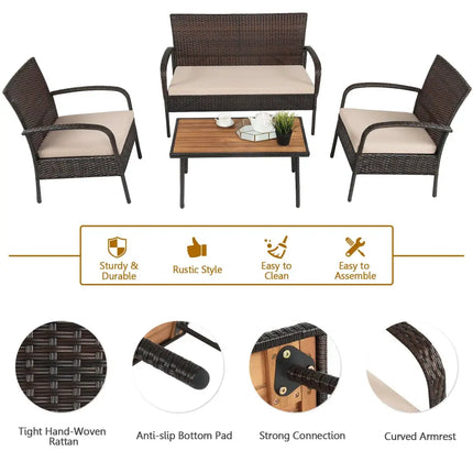 4 Pieces Patio Cushioned Wicker Conversation Set with Acacia Wood Tabletop - Brown - Patio Conversation Sets