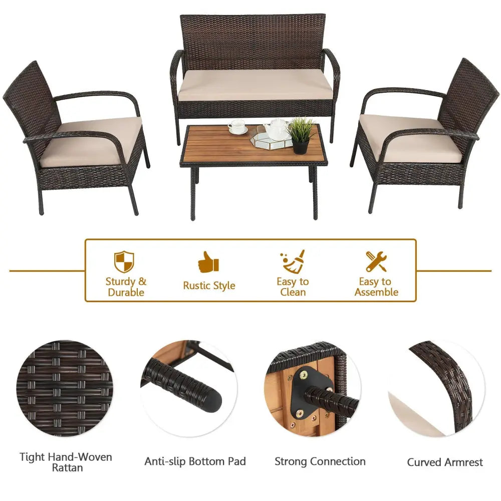 4 Pieces Patio Cushioned Wicker Conversation Set with Acacia Wood Tabletop - Brown - Patio Conversation Sets