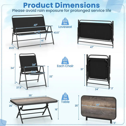 4 Pieces Patio Folding Furniture Set with SPC Coffee Table and Patio Chairs-Black - Black - Patio Conversation Sets