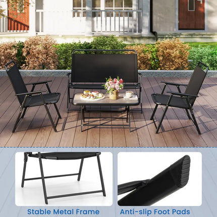 4 Pieces Patio Folding Furniture Set with SPC Coffee Table and Patio Chairs-Black - Black - Patio Conversation Sets
