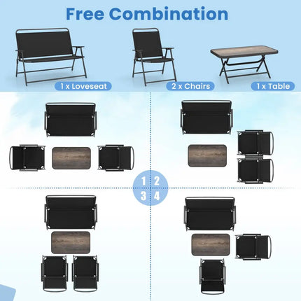 4 Pieces Patio Folding Furniture Set with SPC Coffee Table and Patio Chairs-Black - Black - Patio Conversation Sets