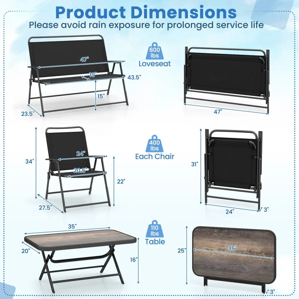 4 Pieces Patio Folding Furniture Set with SPC Coffee Table and Patio Chairs-Black - Black - Patio Conversation Sets