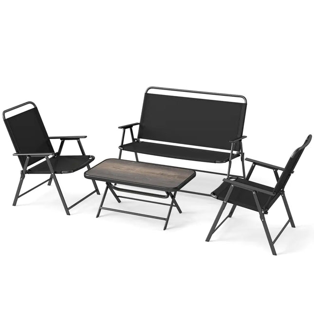 4 Pieces Patio Folding Furniture Set with SPC Coffee Table and Patio Chairs-Black - Black - Patio Conversation Sets